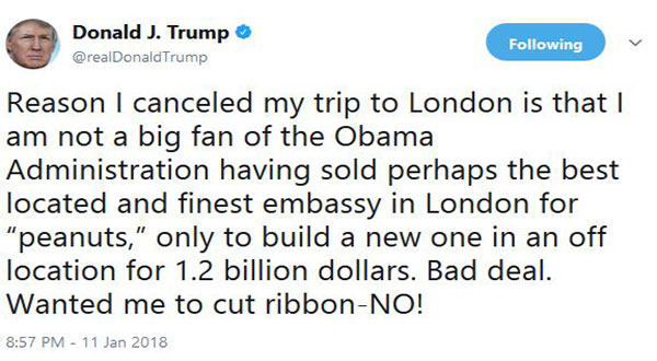 Upset Trump about London New Embassy’s Location, Price Tag Cancels Opening Trip!